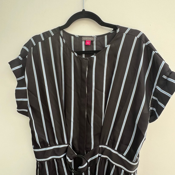 Vince Camuto sz L blue & white striped button up dress w/ short sleeves & belt - Picture 3 of 7